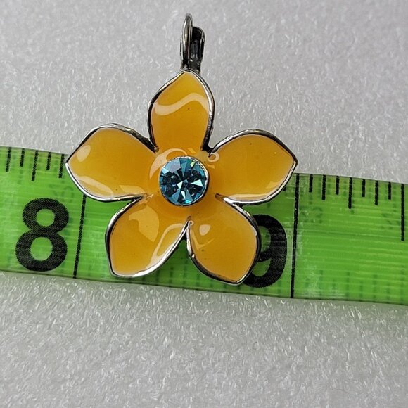 Yellow Enamel Flower Earrings with Blue Rhinestone - Picture 5 of 10